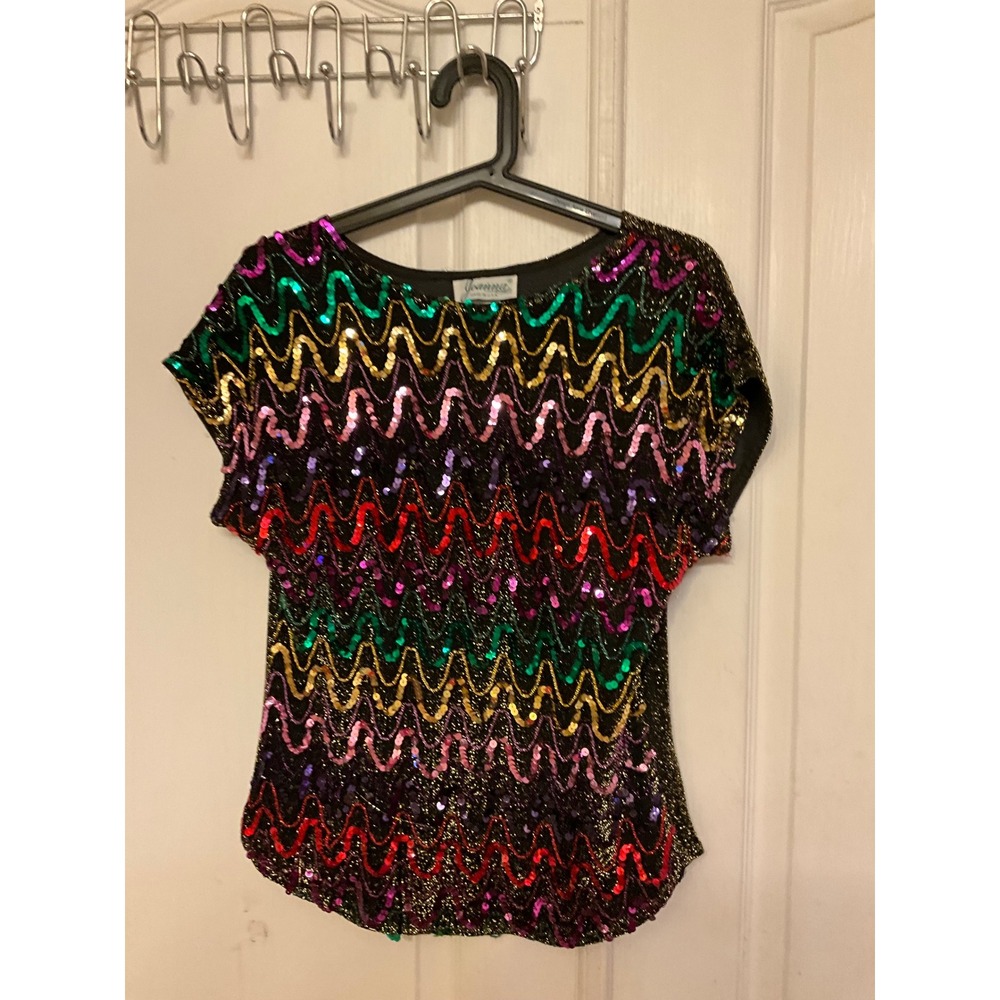 Vintage Joanna Sequin Multicolor Zig Zag and Black Gold Metallic Top - Med